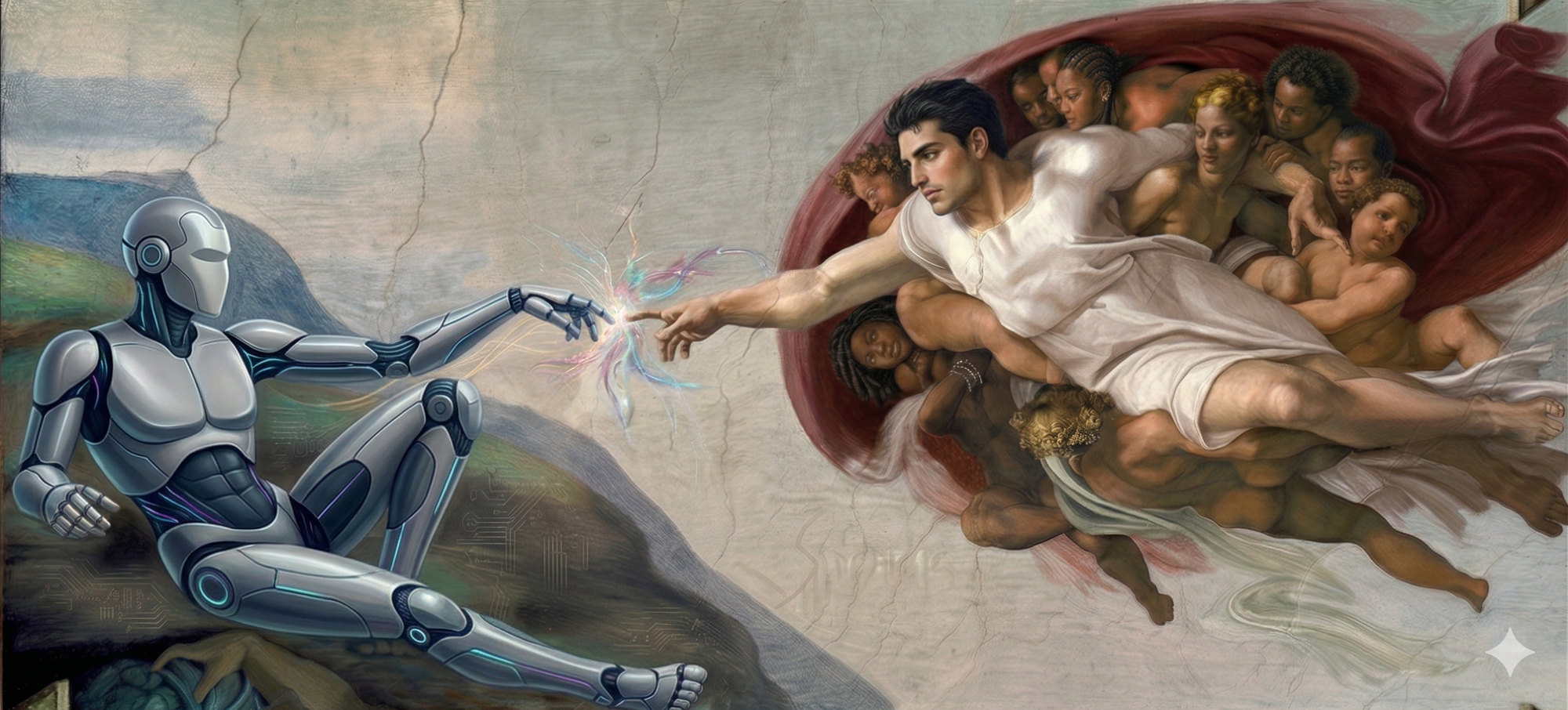 Human and machine reaching toward each other like a new genesis